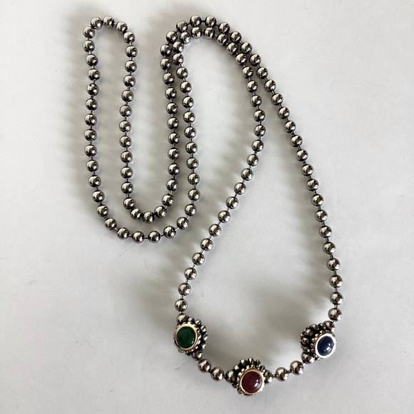 Gripoix Style Silver Tone Bead Ball Chain Multicolor 3 Ball Pendant 18" Necklace - Picture 8 of 16